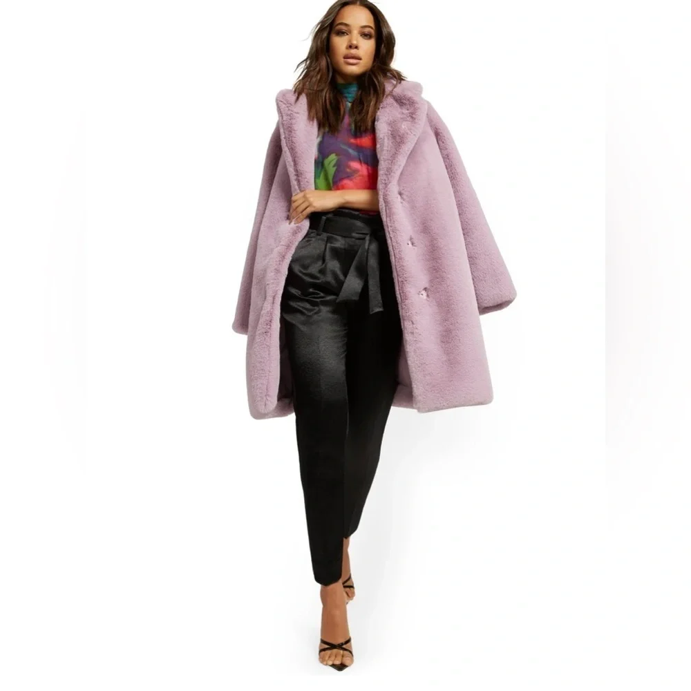 New York And Company purple Faux Fur Ultra Soft Mid length Coat Size L/XL - NEW - Picture 1 of 6